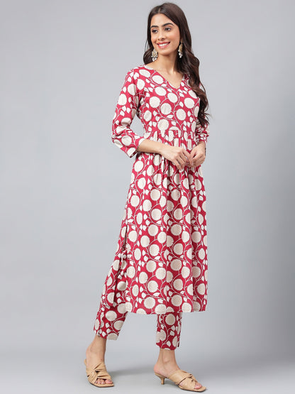 Janasya Women's Maroon Cotton Floral Printed Gathered Casual Kurta Set