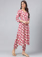 Janasya Women's Maroon Cotton Floral Printed Gathered Casual Kurta Set