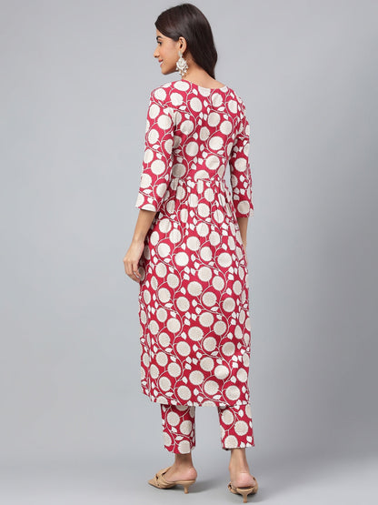 Janasya Women's Maroon Cotton Floral Printed Gathered Casual Kurta Set