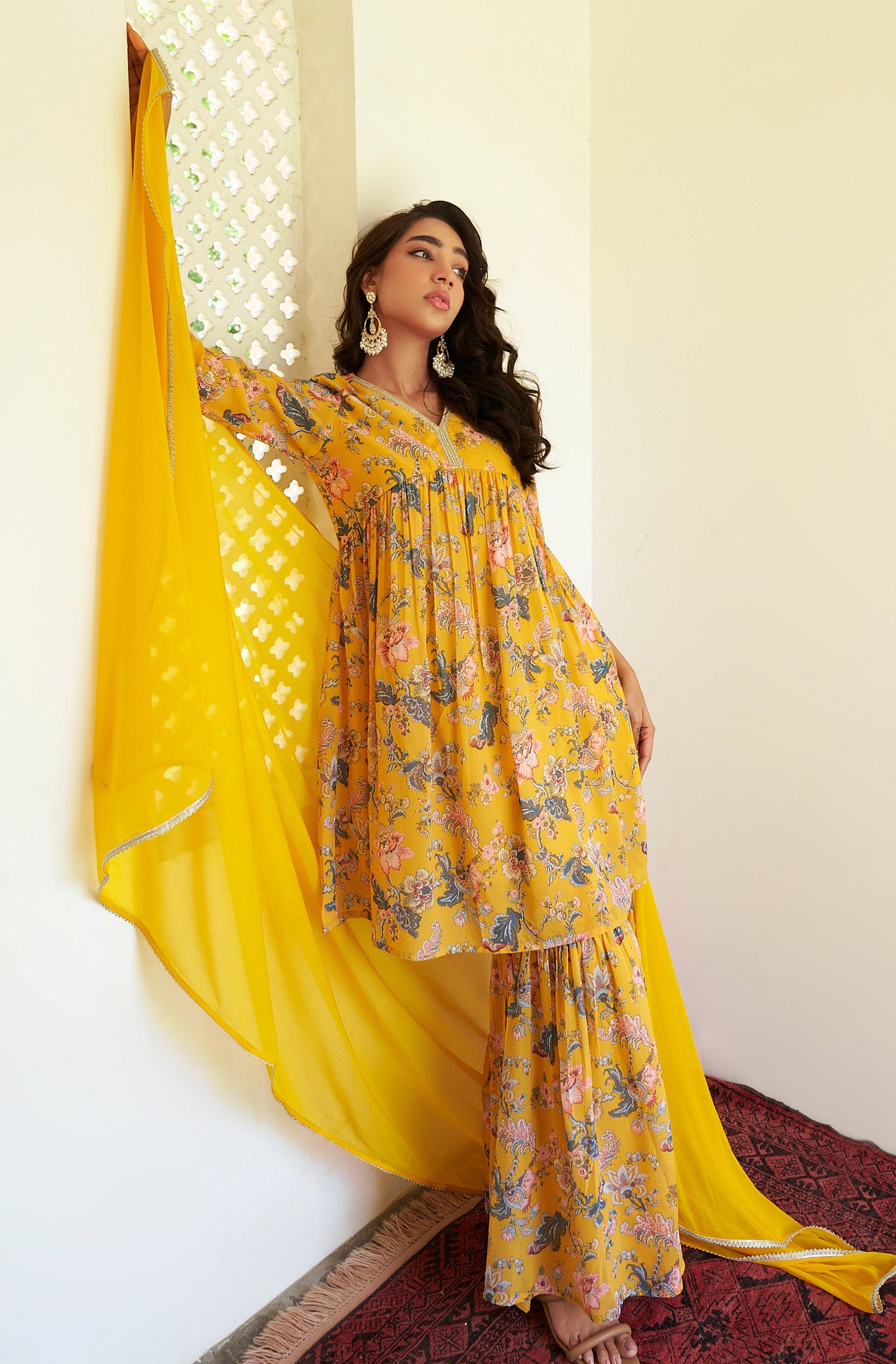 Janasya Yellow Georgette Digital Floral Printed Set