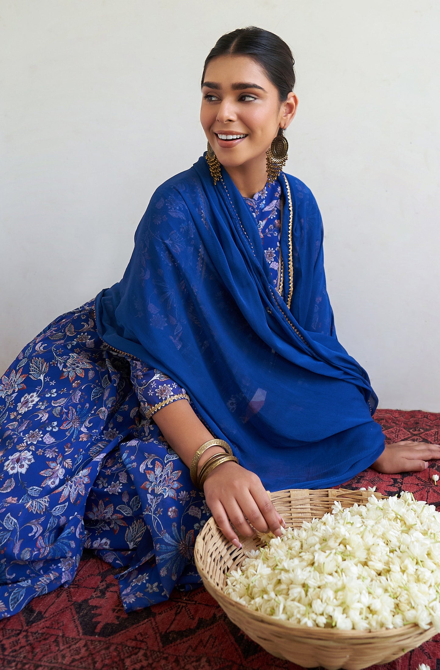 Janasya Dark Teal Blue Georgette Digital Floral Printed Set