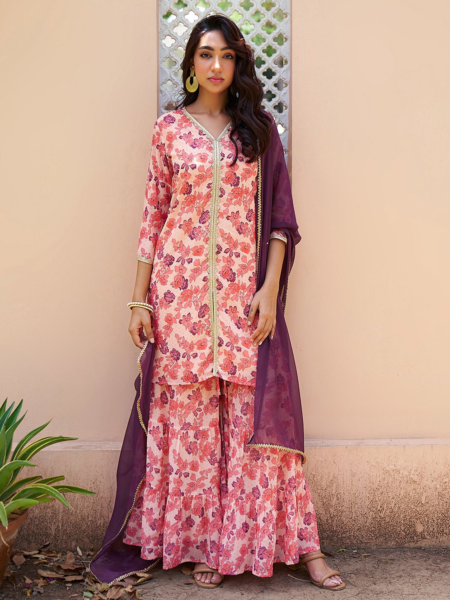 Janasya Peach Georgette Digital Floral Printed Set