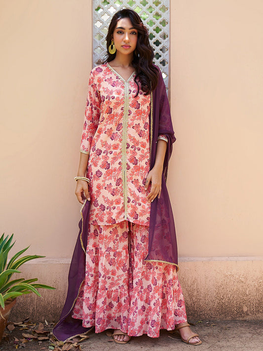 Janasya Peach Georgette Digital Floral Printed Set