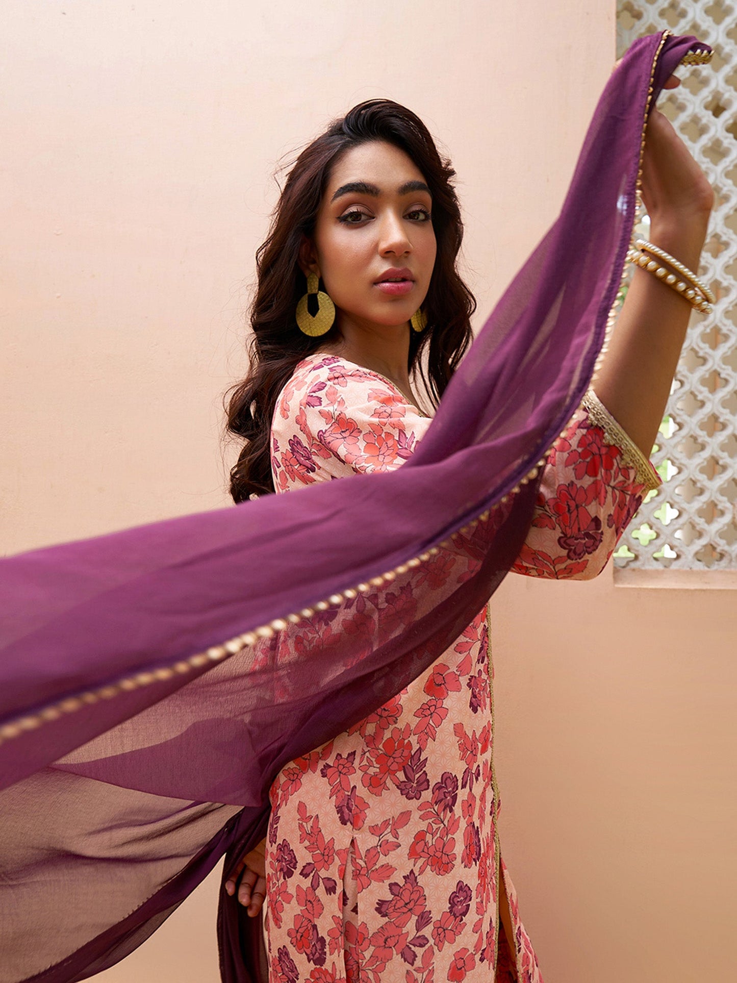Janasya Peach Georgette Digital Floral Printed Set