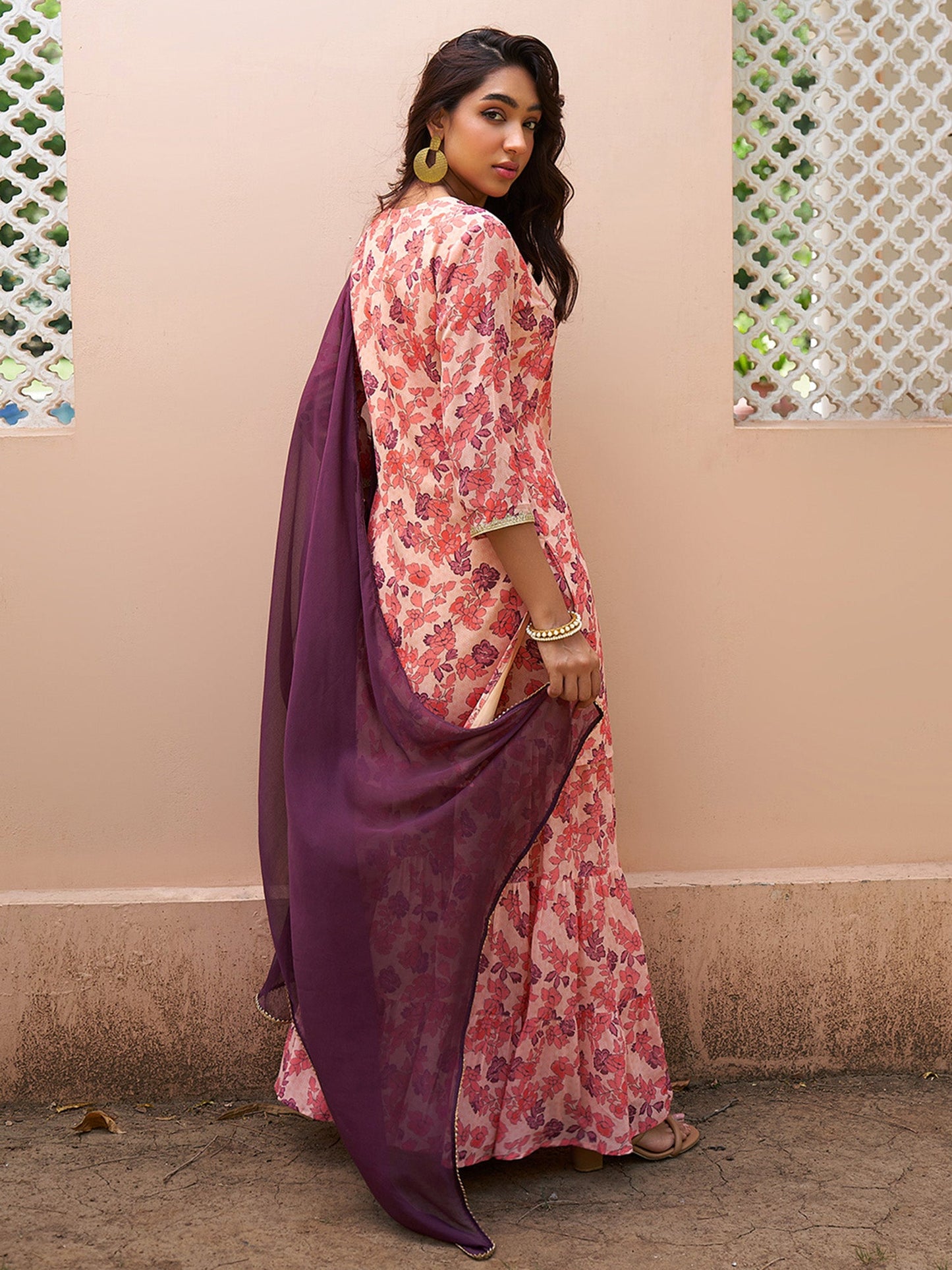 Janasya Peach Georgette Digital Floral Printed Set
