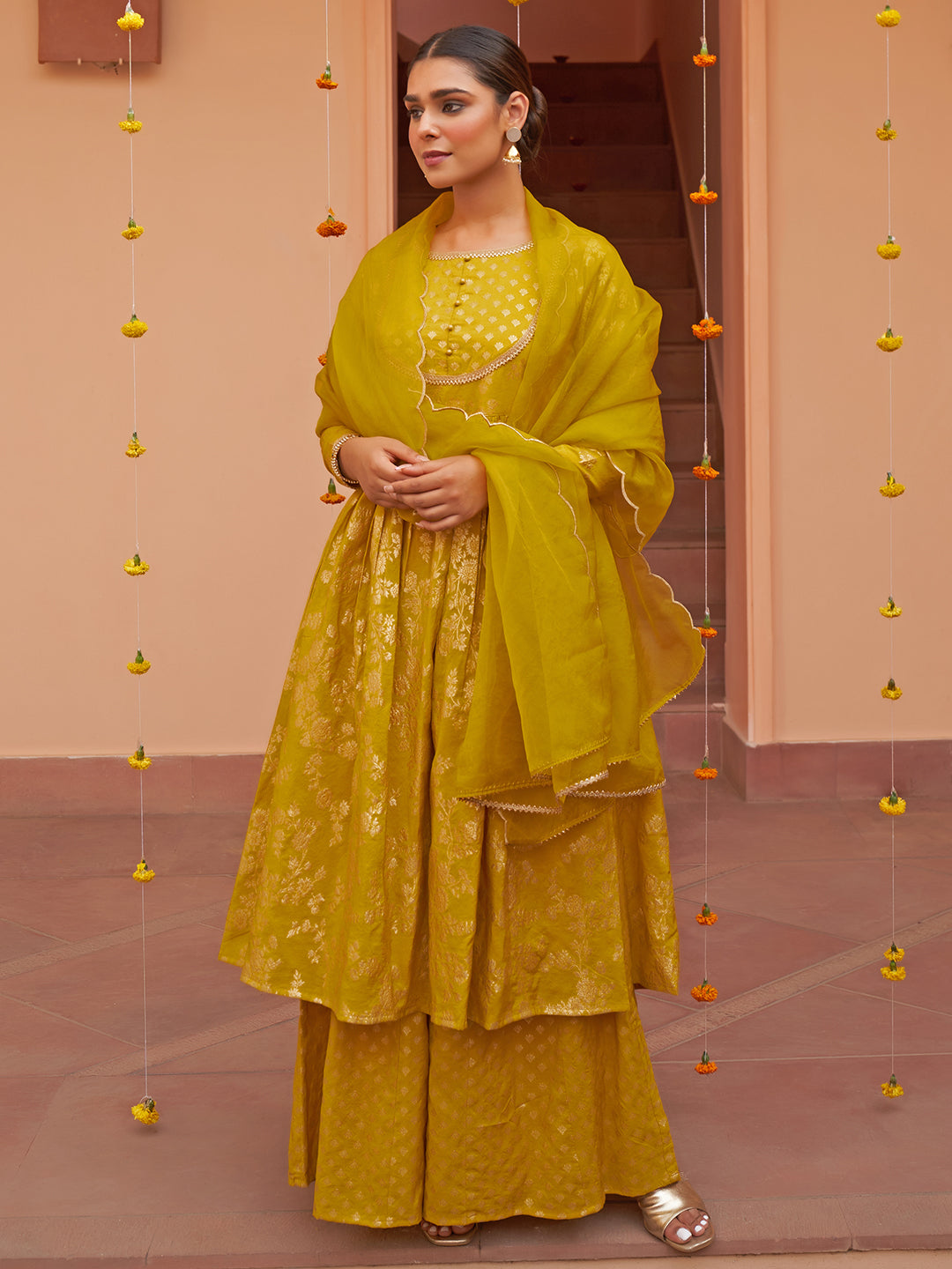 Janasya Women's Yellow Brocade Woven Design Festive Flared Kurta Set