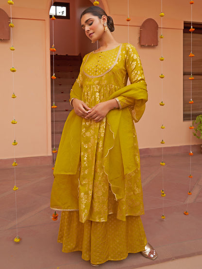 Janasya Women's Yellow Brocade Woven Design Festive Flared Kurta Set