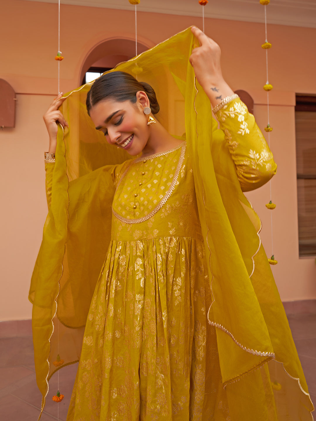 Janasya Women's Yellow Brocade Woven Design Festive Flared Kurta Set