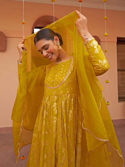 Janasya Women's Yellow Brocade Woven Design Festive Flared Kurta Set