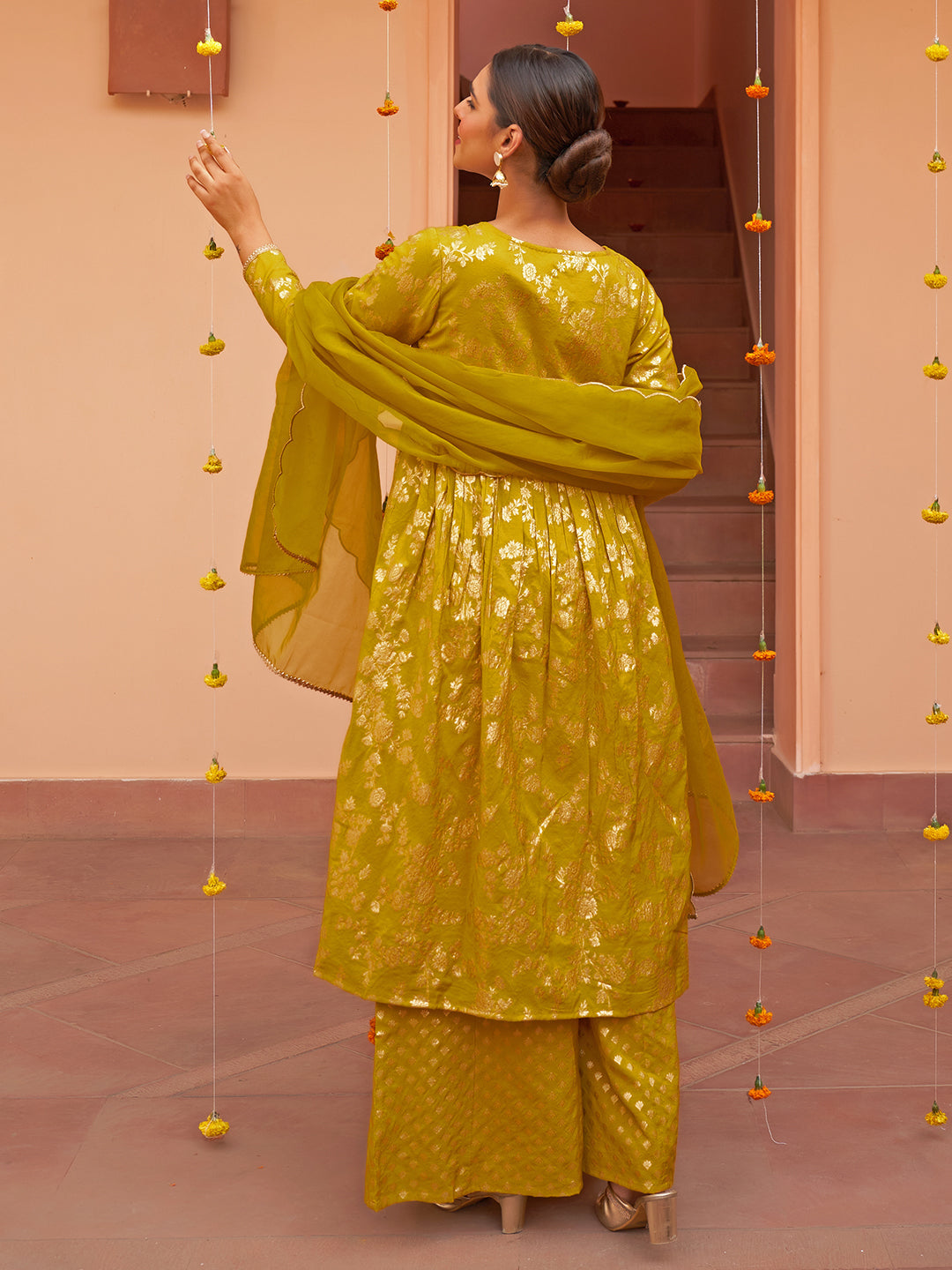 Janasya Women's Yellow Brocade Woven Design Festive Flared Kurta Set