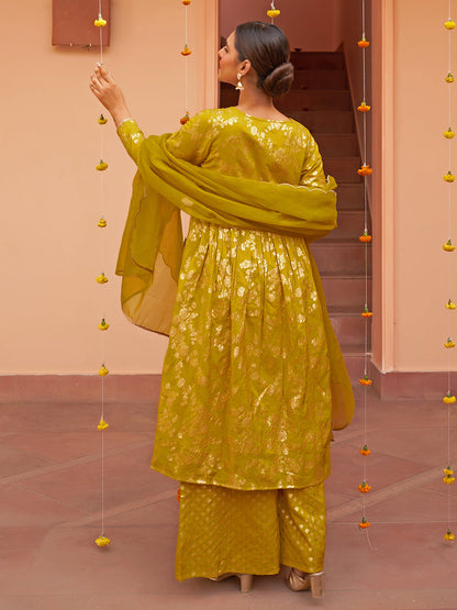 Janasya Women's Yellow Brocade Woven Design Festive Flared Kurta Set