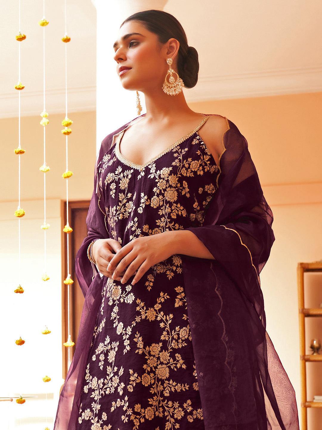 Janasya Women's Purple Brocade Woven Design Festive Straight Kurta Set