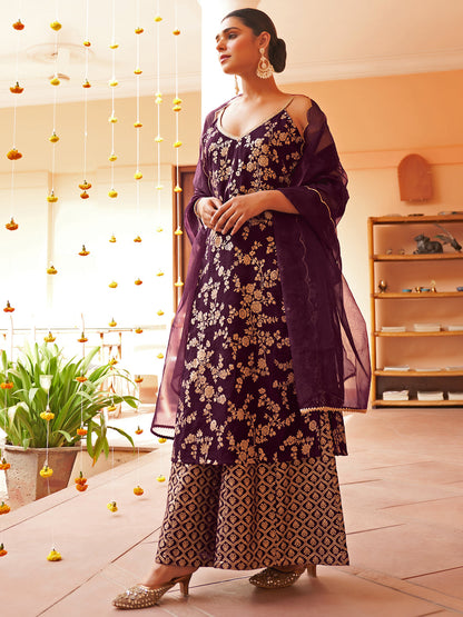 Janasya Women's Purple Brocade Woven Design Festive Straight Kurta Set
