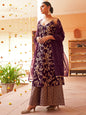 Janasya Women's Purple Brocade Woven Design Festive Straight Kurta Set