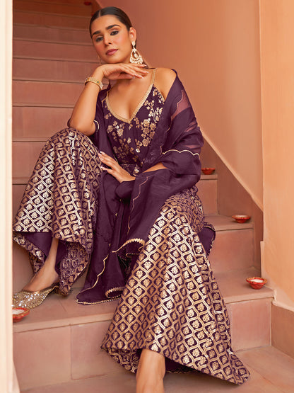 Janasya Women's Purple Brocade Woven Design Festive Straight Kurta Set