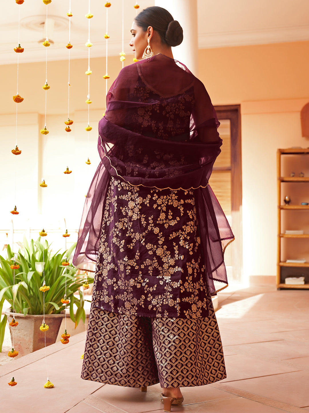 Janasya Women's Purple Brocade Woven Design Festive Straight Kurta Set