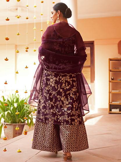 Janasya Women's Purple Brocade Woven Design Festive Straight Kurta Set