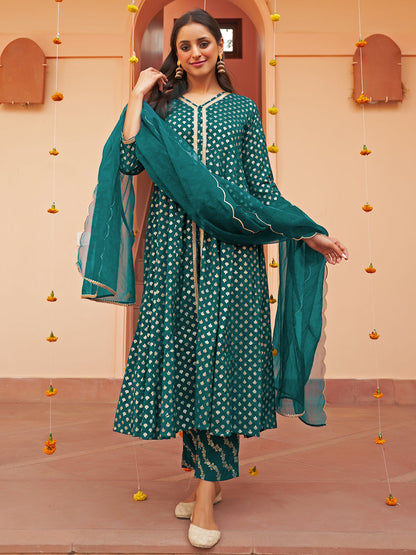 Janasya Women's Teal Brocade Woven Design Festive A-line Kurta Set