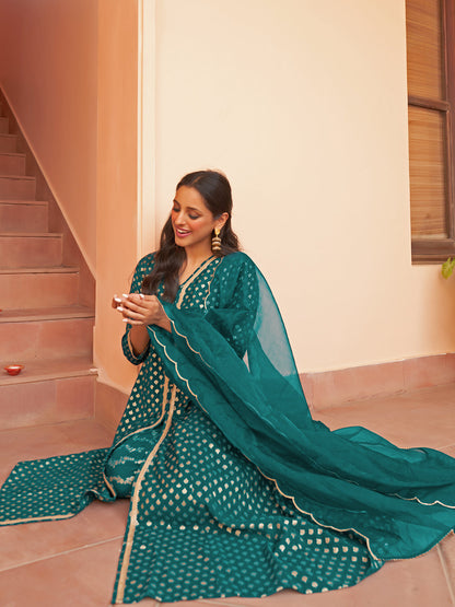 Janasya Women's Teal Brocade Woven Design Festive A-line Kurta Set