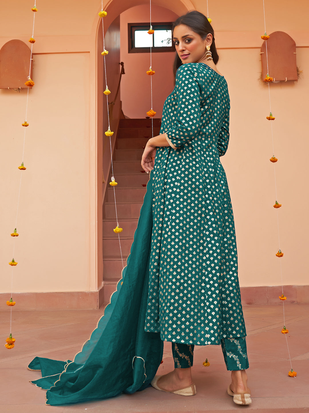 Janasya Women's Teal Brocade Woven Design Festive A-line Kurta Set