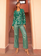 Janasya Women's Rama Green Brocade Woven Design Festive Crop Top Set