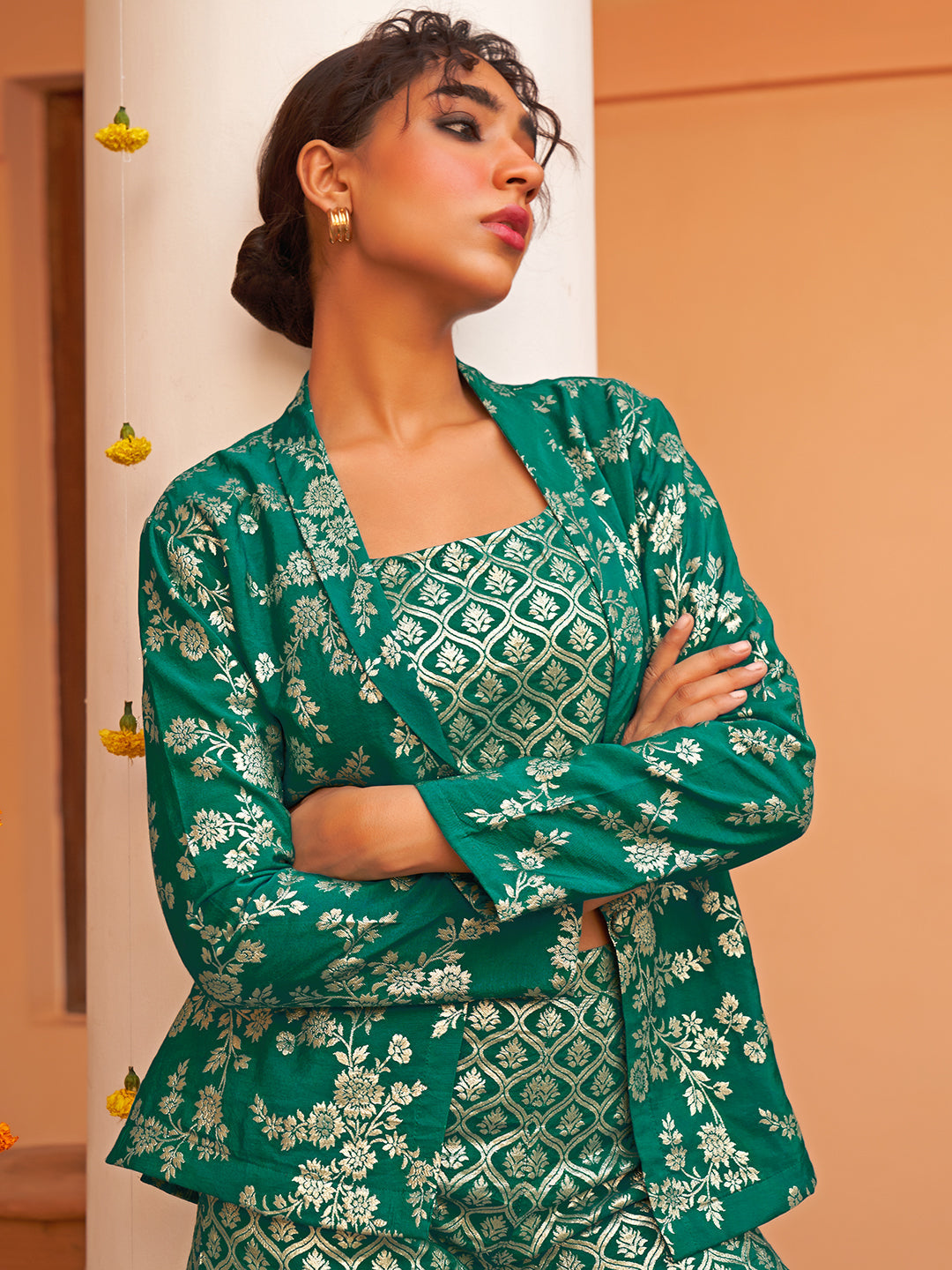 Janasya Women's Rama Green Brocade Woven Design Festive Crop Top Set
