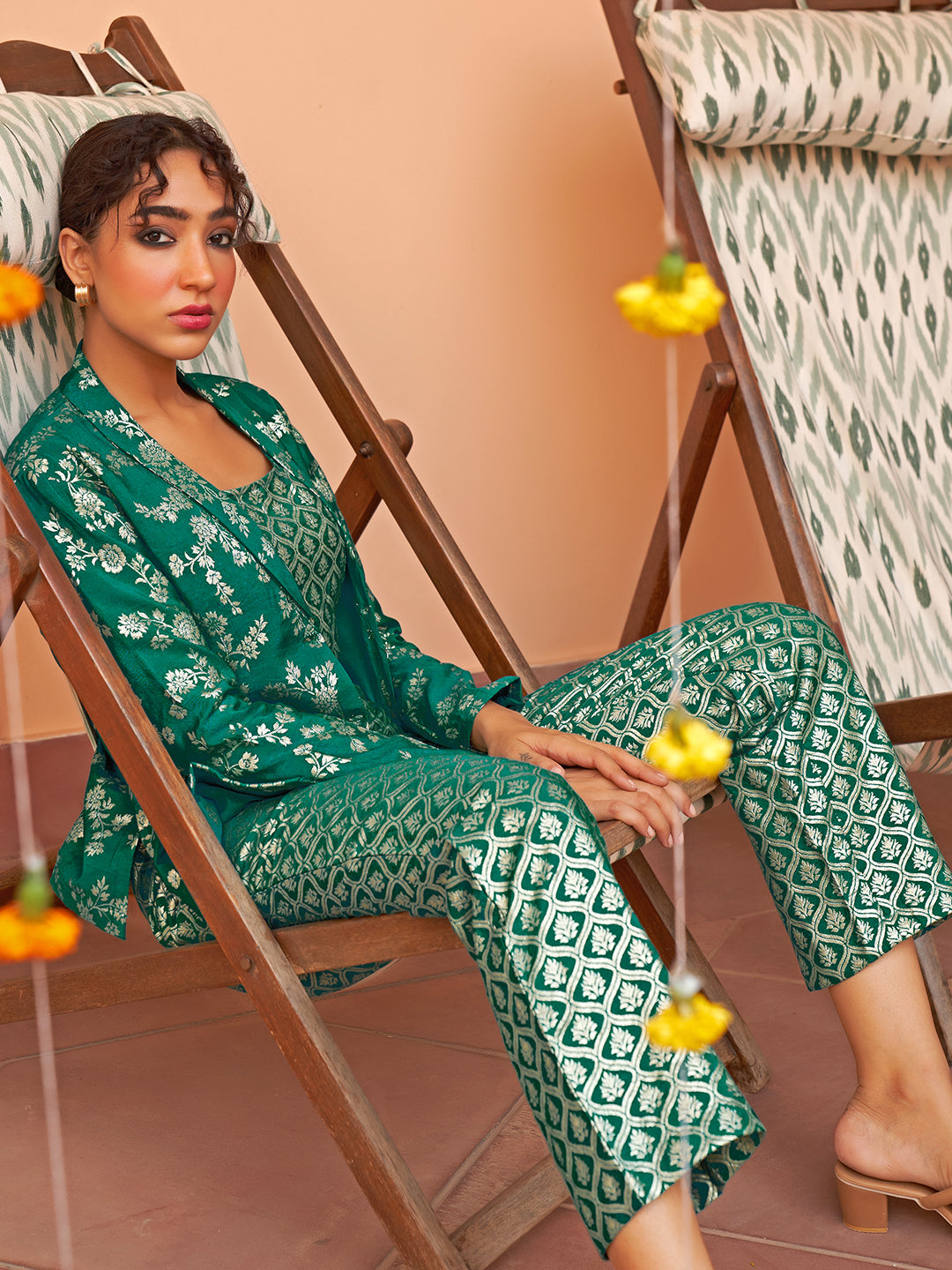 Janasya Women's Rama Green Brocade Woven Design Festive Crop Top Set