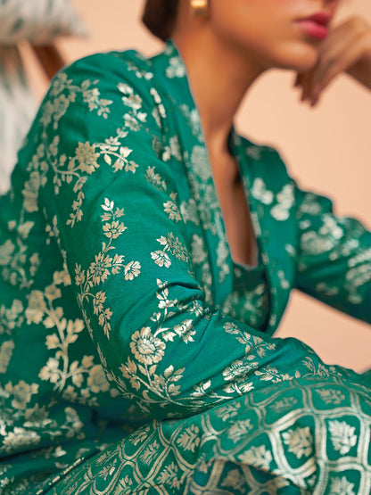 Janasya Women's Rama Green Brocade Woven Design Festive Crop Top Set
