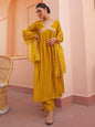 Janasya Women's Mustard Chanderi Emabellished Festive A-line Kurta Set