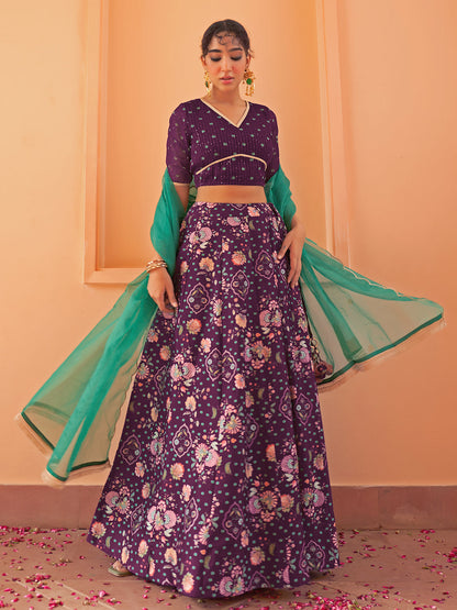 Janasya Purple Georgette Digital Floral Printed Festive Lehenga Choli