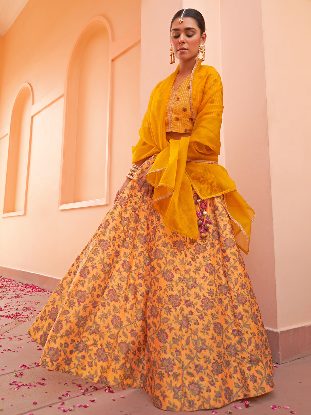Janasya Mustard Georgette Digital Floral Printed Festive Lehenga Choli