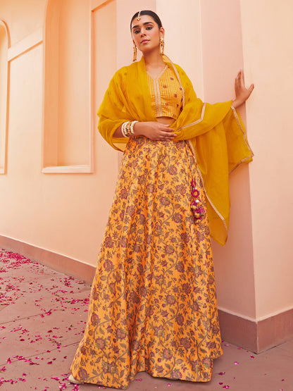 Janasya Mustard Georgette Digital Floral Printed Festive Lehenga Choli
