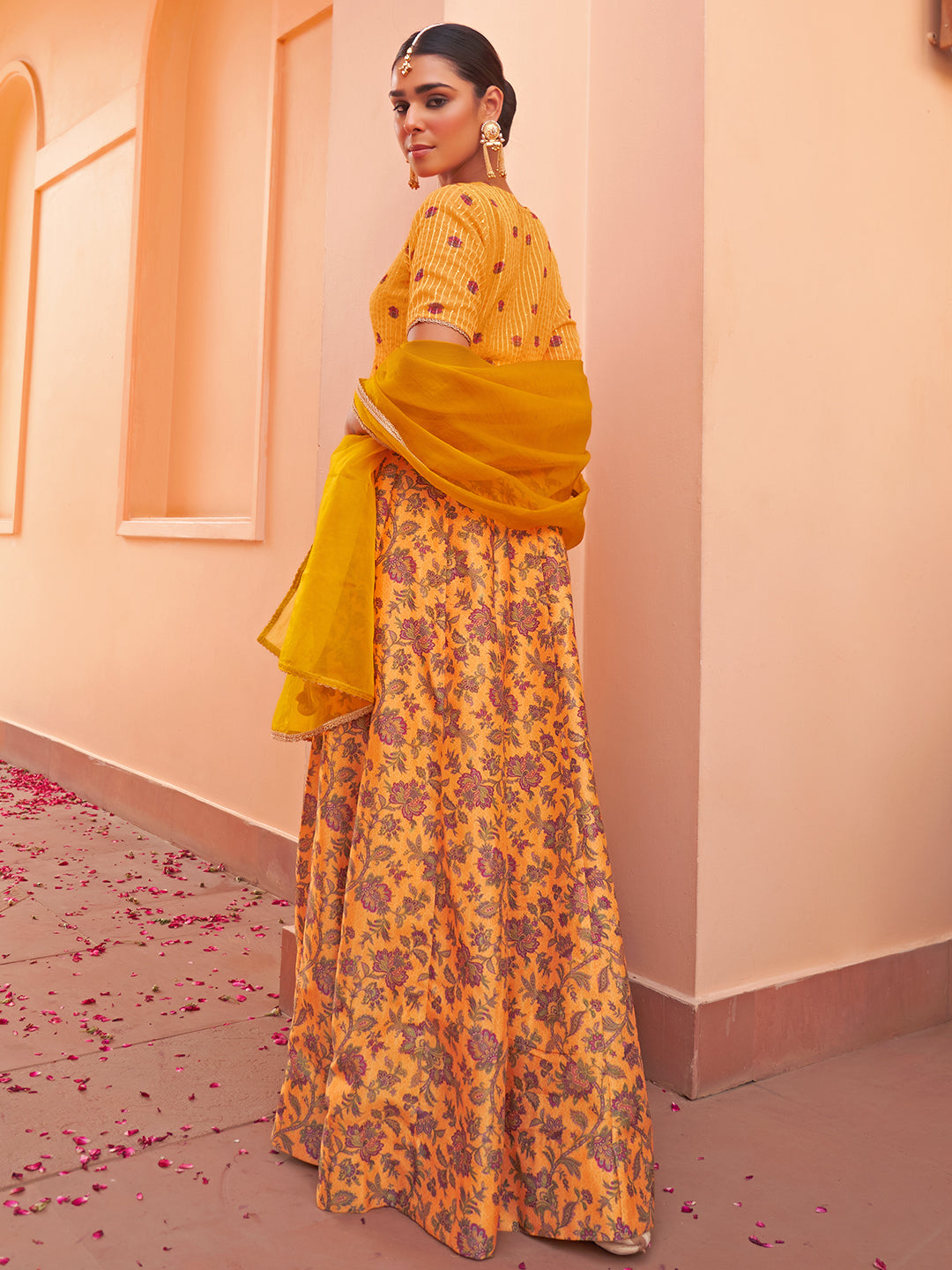 Janasya Mustard Georgette Digital Floral Printed Festive Lehenga Choli