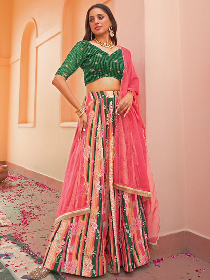 Janasya Green Georgette Digital Floral Printed Festive Lehenga Choli