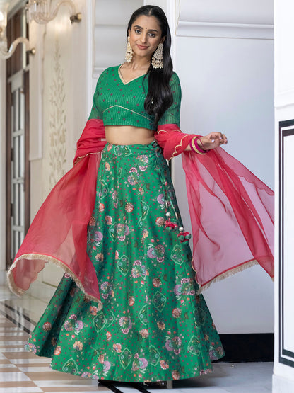 Janasya Green Georgette Digital Floral Printed Festive Lehenga Choli
