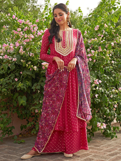 Janasya Women's Pink Georgette Foil Motif Printed Festive Gathered Kurta Set