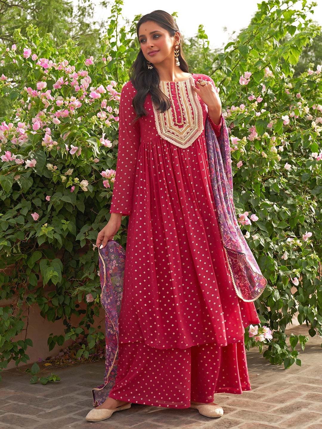 Janasya Women's Pink Georgette Foil Motif Printed Festive Gathered Kurta Set