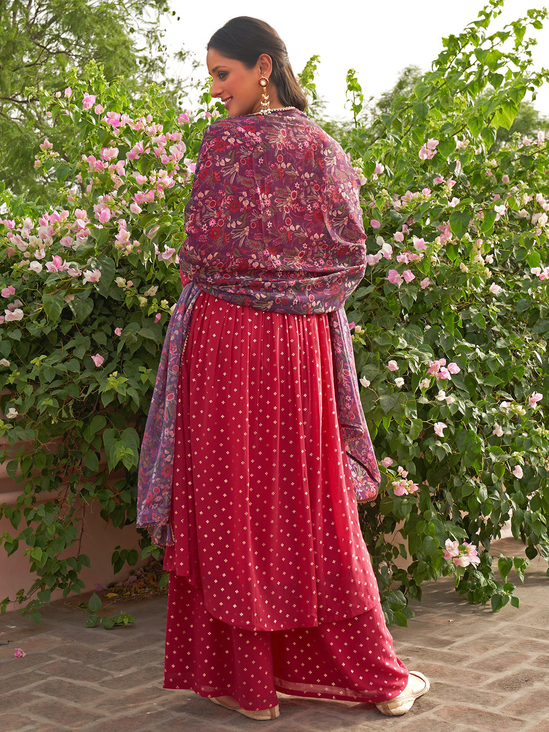 Janasya Women's Pink Georgette Foil Motif Printed Festive Gathered Kurta Set