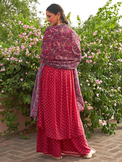 Janasya Women's Pink Georgette Foil Motif Printed Festive Gathered Kurta Set