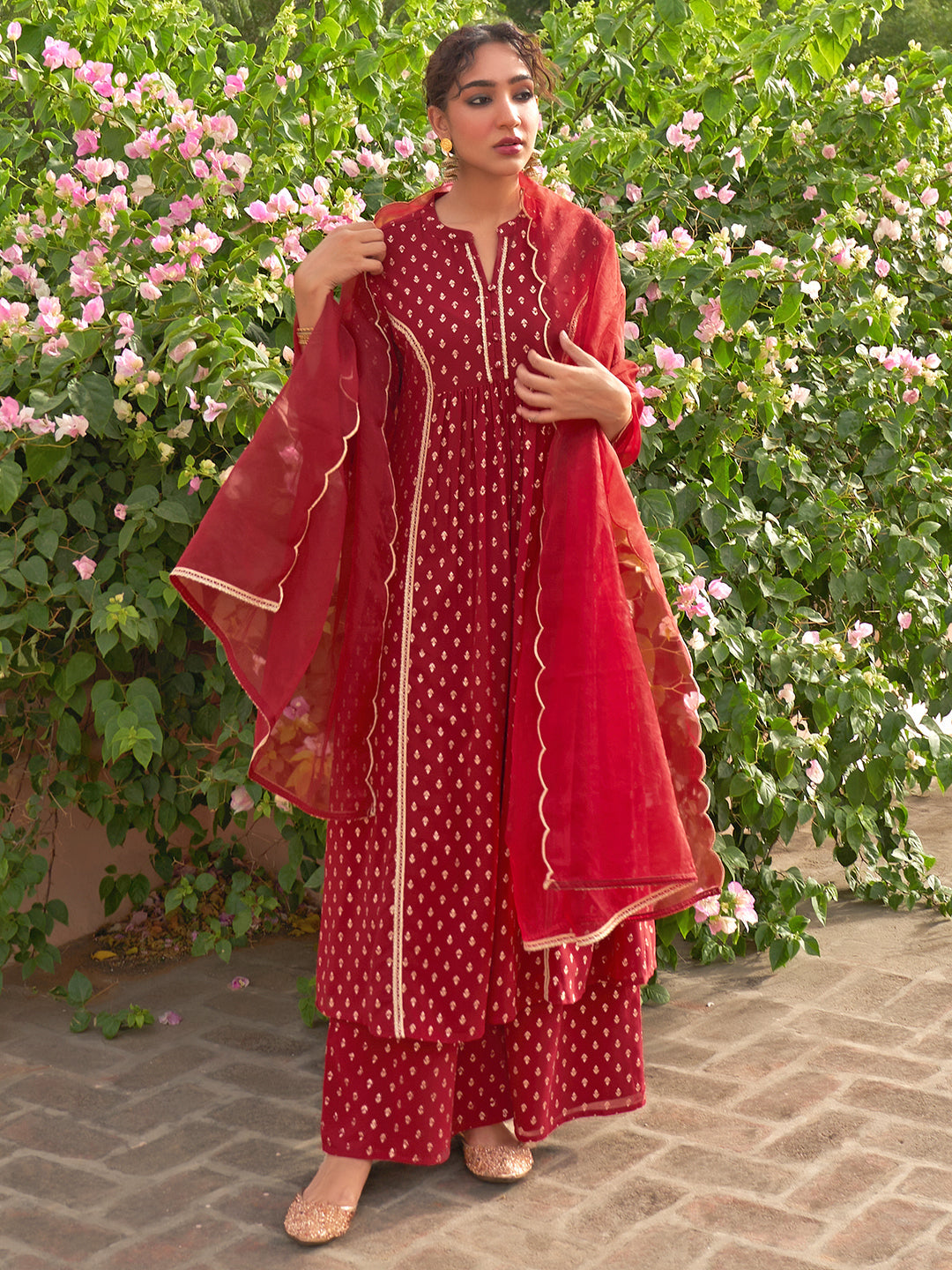 Janasya Women's Maroon Georgette Foil Motif Printed Festive A-line Kurta Set