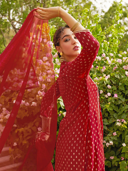 Janasya Women's Maroon Georgette Foil Motif Printed Festive A-line Kurta Set
