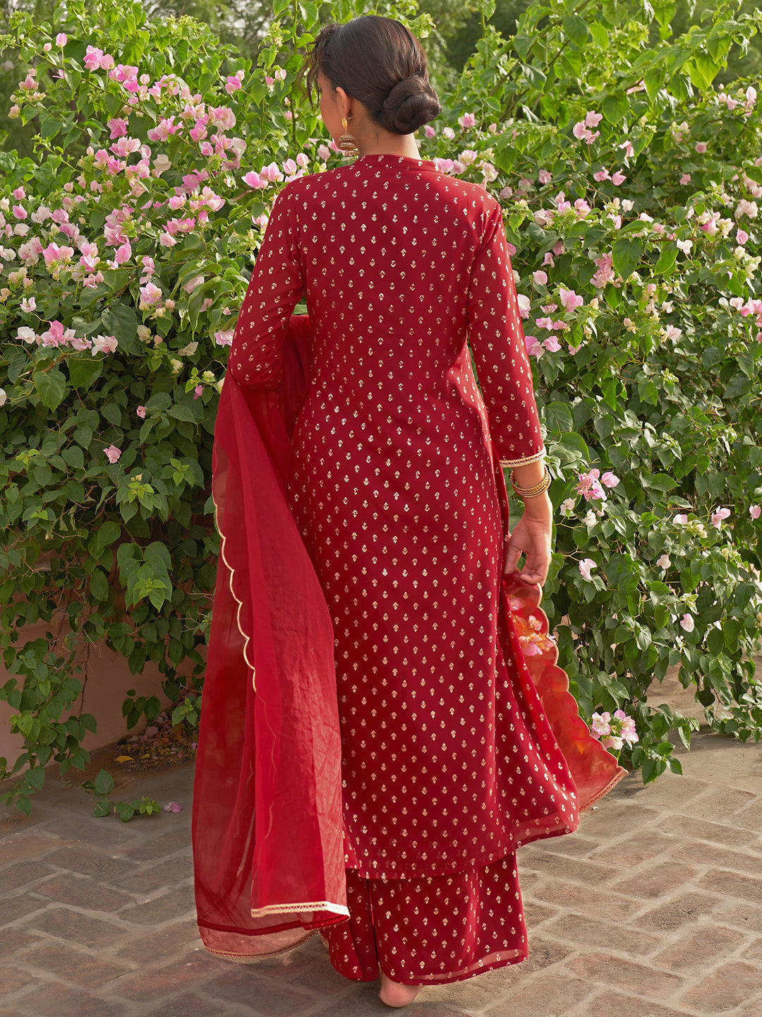 Janasya Women's Maroon Georgette Foil Motif Printed Festive A-line Kurta Set