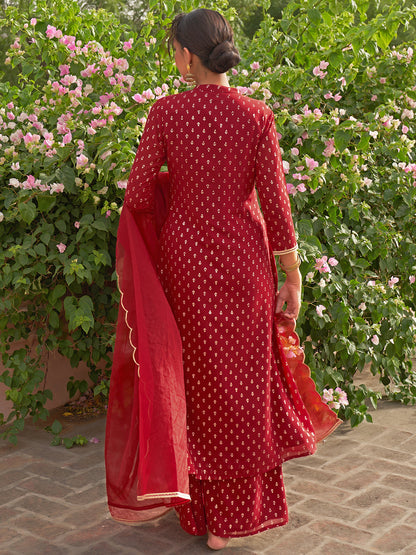 Janasya Women's Maroon Georgette Foil Motif Printed Festive A-line Kurta Set