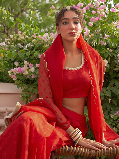 Janasya Red Organza Woven Design Festive Lehenga Choli