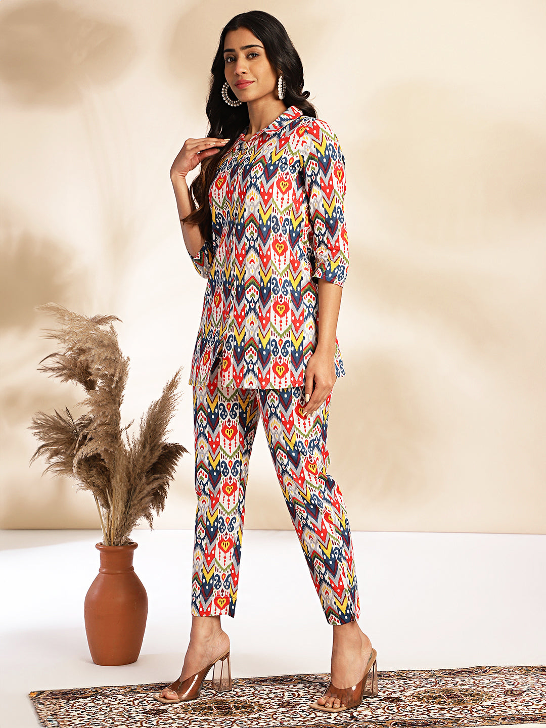 Janasya Multicolor Cotton Ikat Printed Set