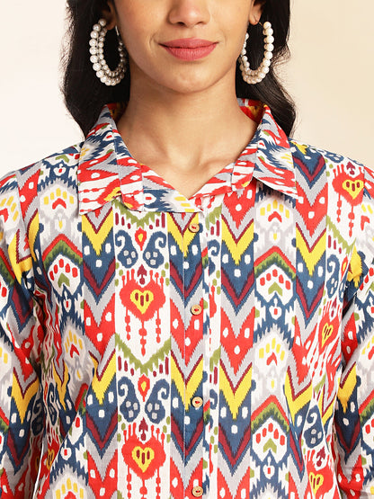 Janasya Multicolor Cotton Ikat Printed Set