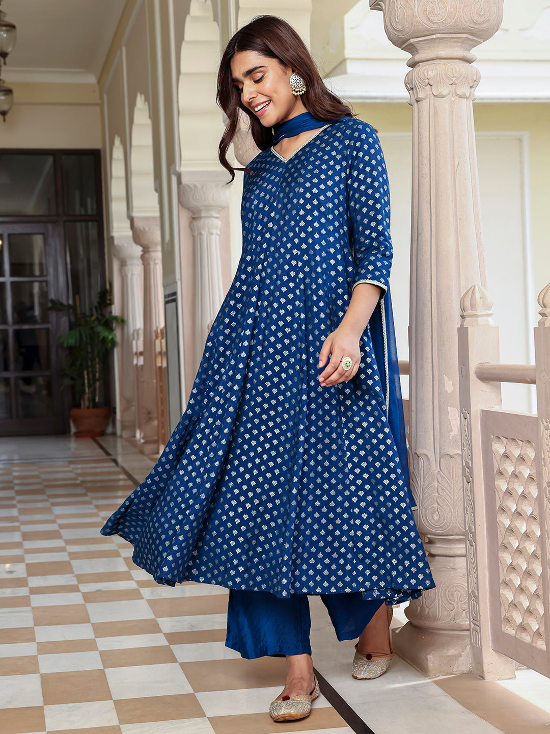 Janasya Women's Blue Brocade Woven Design Festive Anarkali Kurta Set