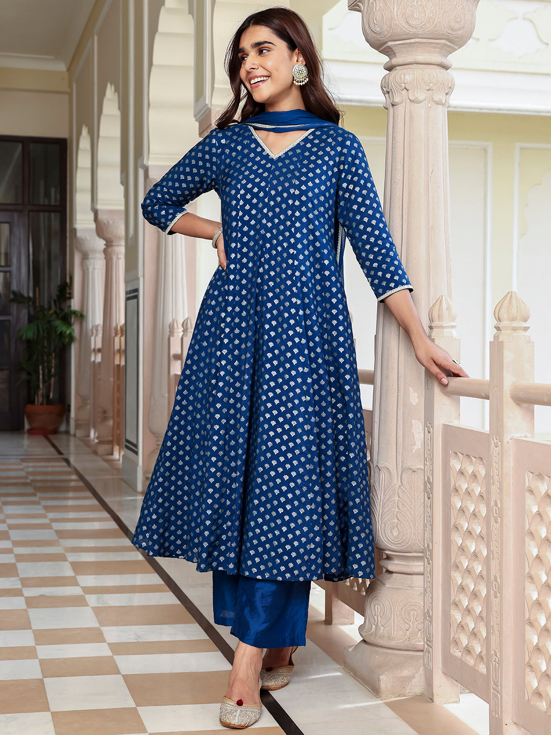 Janasya Women's Blue Brocade Woven Design Festive Anarkali Kurta Set