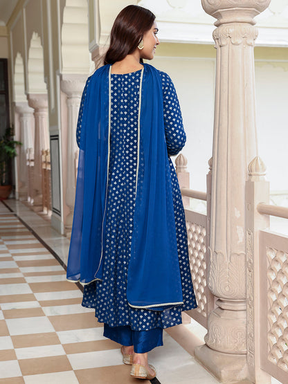 Janasya Women's Blue Brocade Woven Design Festive Anarkali Kurta Set