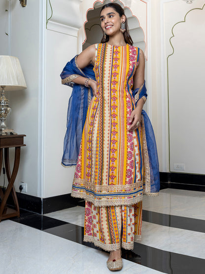 Janasya Women's Multicolor Cotton Ethnic Printed Festive A-line Kurta Set